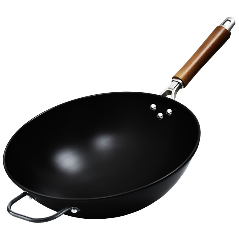 Wok tradițional fără strat, cu fund rotund, din fontă forjată, potrivit pentru aragaz cu gaz, uz casnic