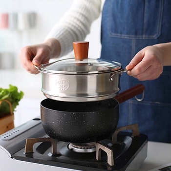 Oală de lapte din aluminiu, stil japonez, cu piatră Maifan ciocănită, capac din sticlă, antiaderent