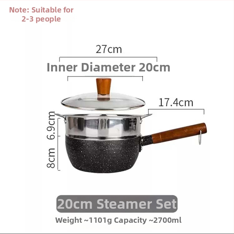 Oală de lapte din aluminiu, stil japonez, cu piatră Maifan ciocănită, capac din sticlă, antiaderent
