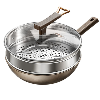 Wok din titan cu două fețe, bază din oțel inox 304, fund plat, antiaderent pentru plite cu inducție