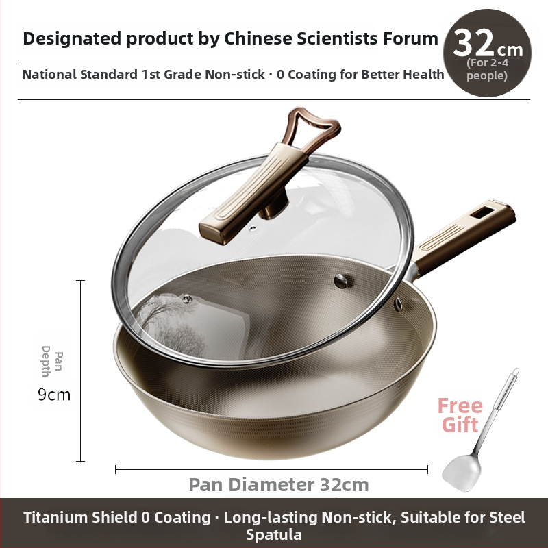 Wok din titan cu două fețe, bază din oțel inox 304, fund plat, antiaderent pentru plite cu inducție