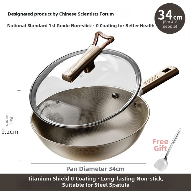 Wok din titan cu două fețe, bază din oțel inox 304, fund plat, antiaderent pentru plite cu inducție