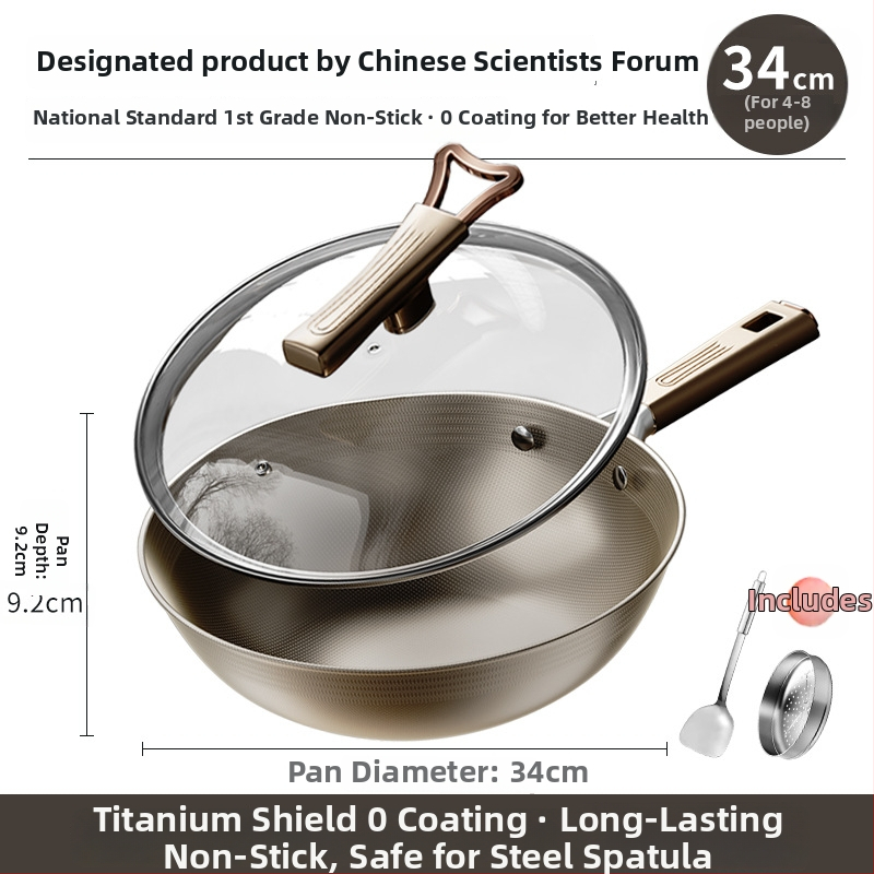 Wok din titan cu două fețe, bază din oțel inox 304, fund plat, antiaderent pentru plite cu inducție