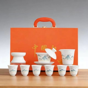 Set de ceai Kung Fu din porțelan alb de înaltă calitate, cu design peisaj, inclus gaiwan, cutie cadou ceramică și suveniruri