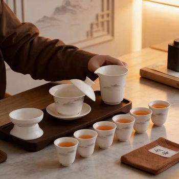 Set de ceai Kung Fu din porțelan alb de înaltă calitate, cu design peisaj, inclus gaiwan, cutie cadou ceramică și suveniruri