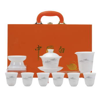 Set de ceai Kung Fu din porțelan alb de înaltă calitate, cu design peisaj, inclus gaiwan, cutie cadou ceramică și suveniruri
