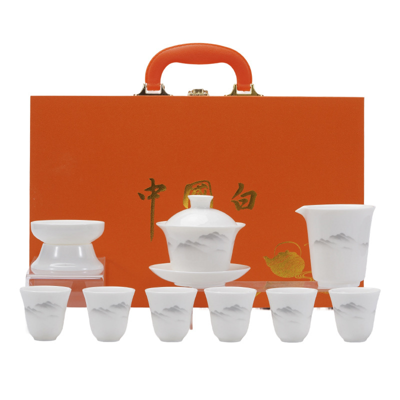 Set de ceai Kung Fu din porțelan alb de înaltă calitate, cu design peisaj, inclus gaiwan, cutie cadou ceramică și suveniruri