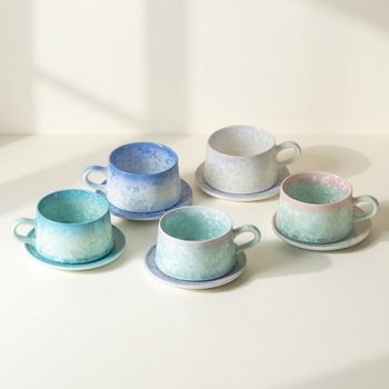 Set cană și farfurioară din ceramică, glazură cristalizată, stil nordic minimalist, personalizare logo, cadou pentru ceai de după-amiază