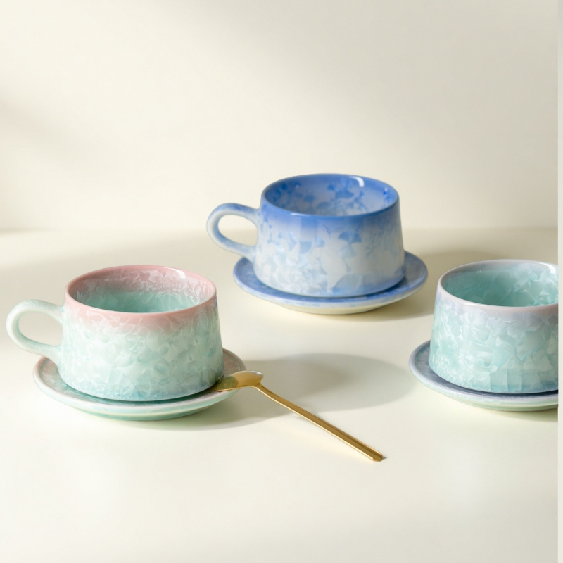 Set cană și farfurioară din ceramică, glazură cristalizată, stil nordic minimalist, personalizare logo, cadou pentru ceai de după-amiază