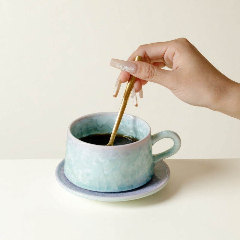 Set cană și farfurioară din ceramică, glazură cristalizată, stil nordic minimalist, personalizare logo, cadou pentru ceai de după-amiază