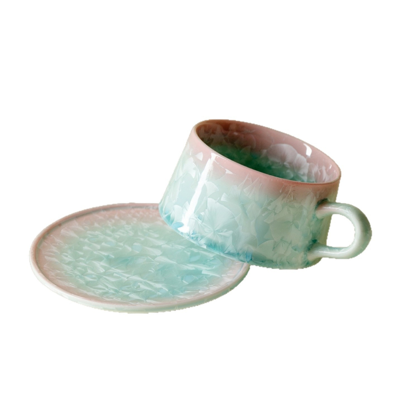 Set cană și farfurioară din ceramică, glazură cristalizată, stil nordic minimalist, personalizare logo, cadou pentru ceai de după-amiază