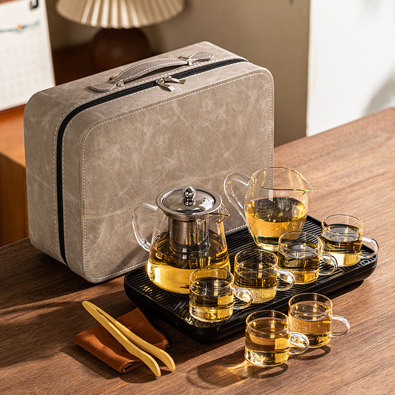 Set Gongfu de ceai din sticlă borosilicat portabil pentru călătorii, casă și birou, compatibil cu flacără deschisă