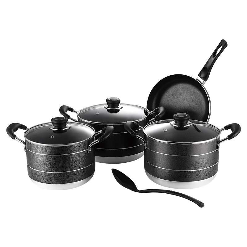 Set de vase din aluminiu, cu strat antiaderent, cu oale de supă 20/22/24 cm și tigaie de 24 cm, model CP-03