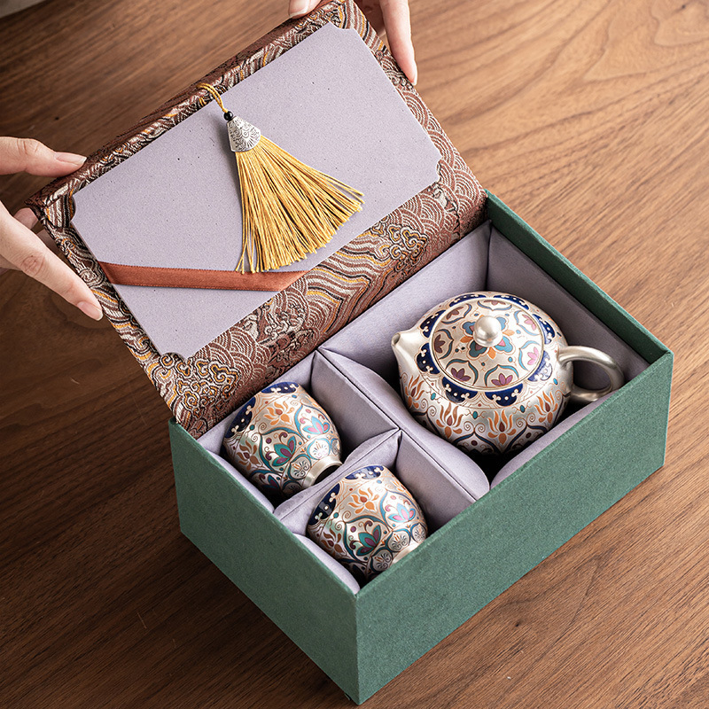 Ceainic din argint placat cu aur Dunhuang Xishi, set ceai cu un ceainic și două cești