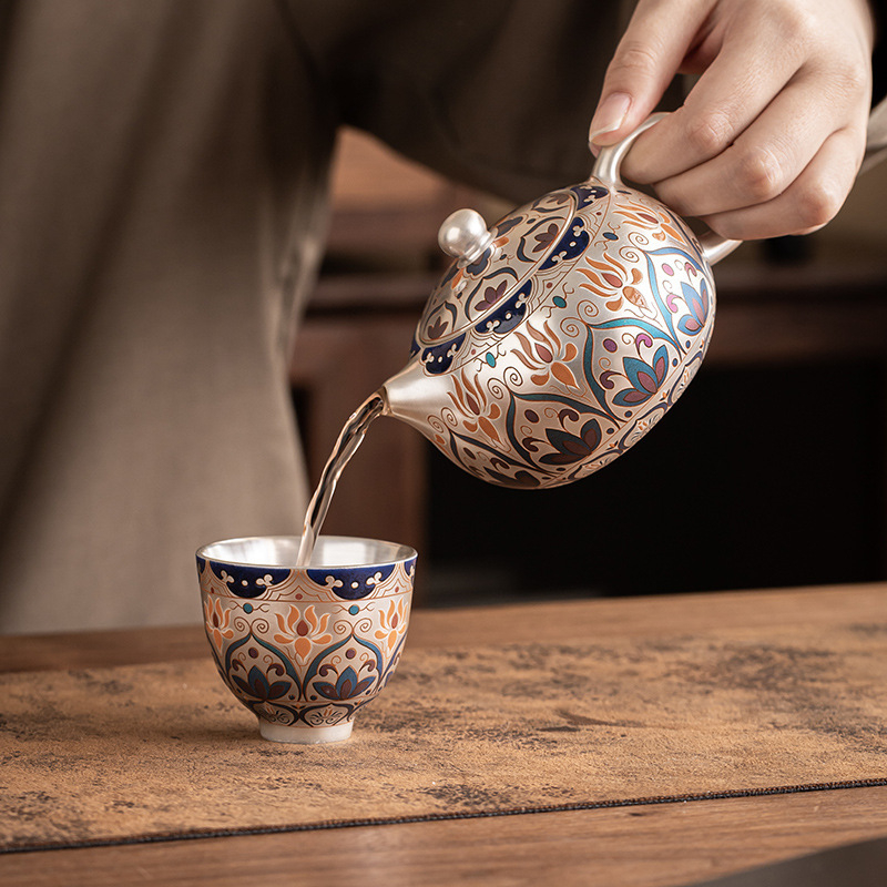 Ceainic din argint placat cu aur Dunhuang Xishi, set ceai cu un ceainic și două cești