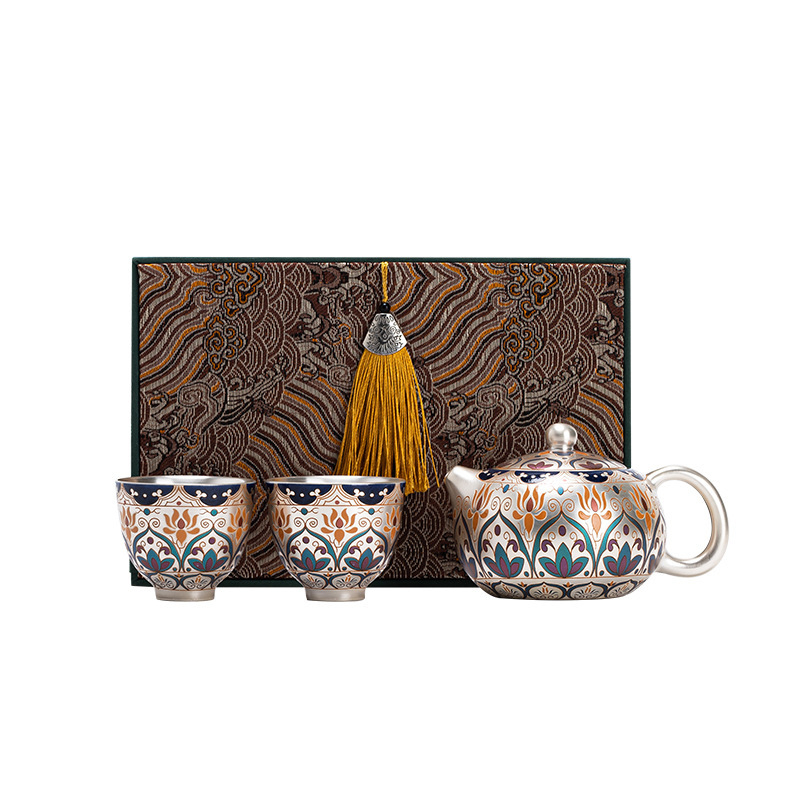 Ceainic din argint placat cu aur Dunhuang Xishi, set ceai cu un ceainic și două cești