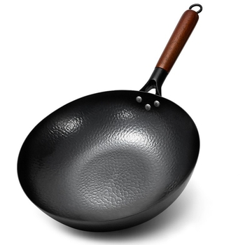 Wok din fier forjat cu bază plată, tigaie tradițională pentru uz casnic, compatibilă cu plite cu inducție și aragaz, fără strat de acoperire