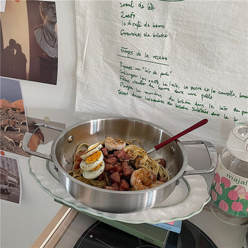 Oală din oțel inoxidabil în stil coreean minimalist, pentru ramen și supă, cu două mâneri, 1,1–2 L