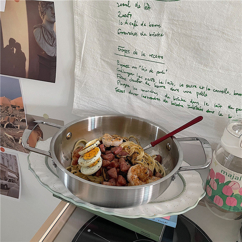 Oală din oțel inoxidabil în stil coreean minimalist, pentru ramen și supă, cu două mâneri, 1,1–2 L