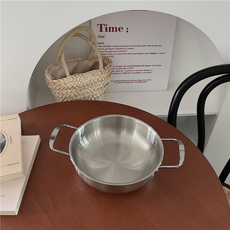 Oală din oțel inoxidabil în stil coreean minimalist, pentru ramen și supă, cu două mâneri, 1,1–2 L