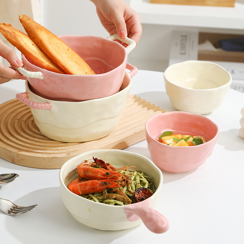 Vas ceramic pentru supă, cu două mâneri, utilizare casnică; potrivit pentru coacere și prăjire; bol pentru salate și fructe; compatibil cu cuptor cu microunde; compatibil cu cuptor cu aer cald