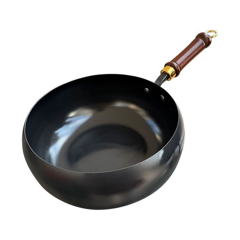 Wok din fier forjat, stil autentic antic, corp mare și bază plată, neacoperit, pentru gătit acasă