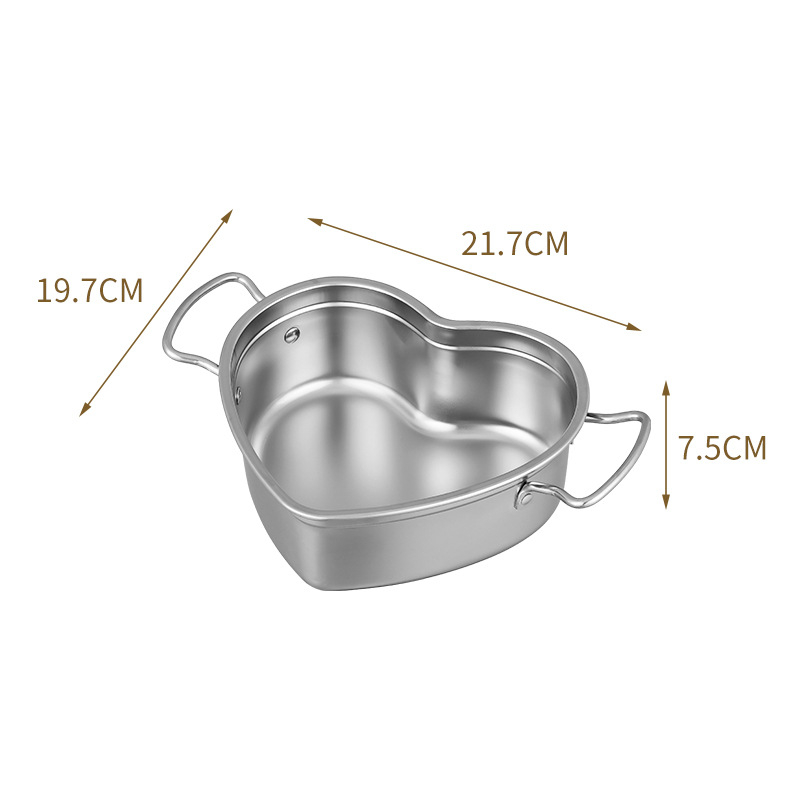 Oală din oțel inoxidabil 304, porționare, inimă cu mâner, stil coreean, vas pentru tăiței, 1,1–2 L
