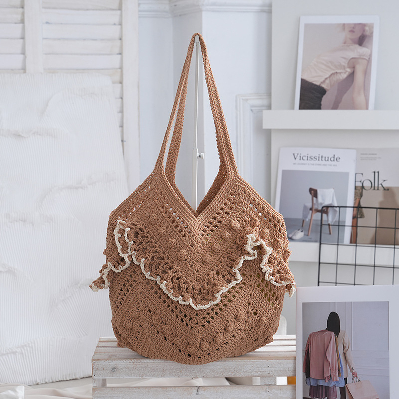2026 nova nišna pletena torba za rame, ručna izrada, prorezani dizajn, tote torba za plažu i odmor, ženska torba