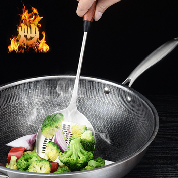 Spatulă de gătit din oțel inoxidabil 304, cu mâner din lemn, pentru prăjit, ustensilă de bucătărie cu mâner lung, rezistentă la căldură