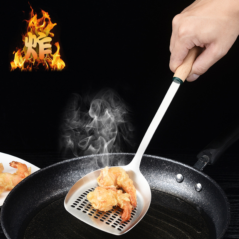 Spatulă de gătit din oțel inoxidabil 304, cu mâner din lemn, pentru prăjit, ustensilă de bucătărie cu mâner lung, rezistentă la căldură