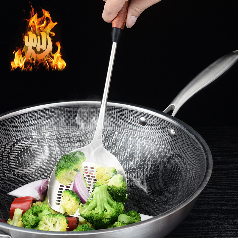 Spatulă de gătit din oțel inoxidabil 304, cu mâner din lemn, pentru prăjit, ustensilă de bucătărie cu mâner lung, rezistentă la căldură