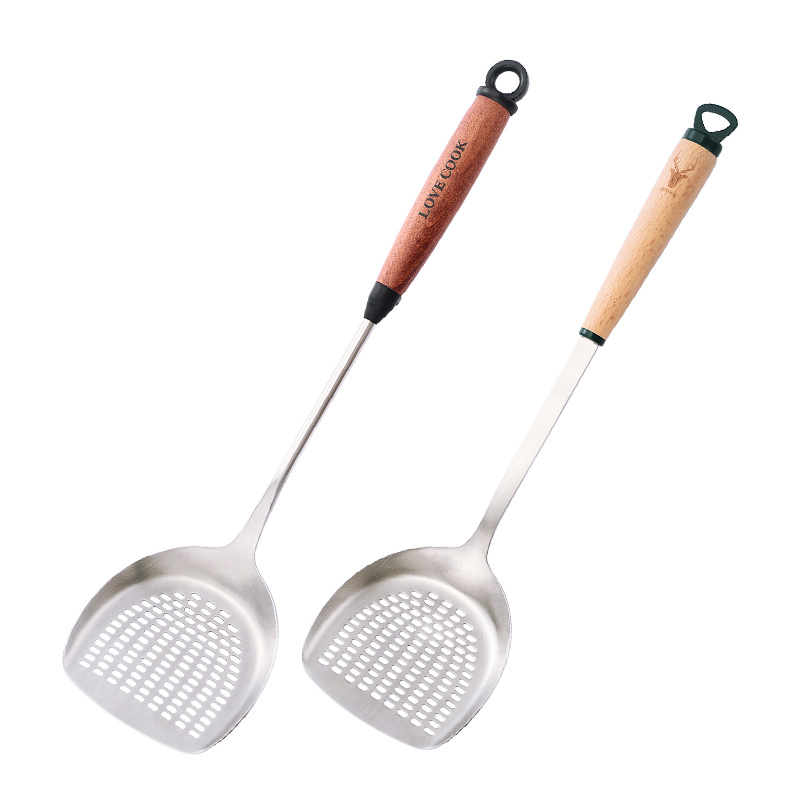 Spatulă de gătit din oțel inoxidabil 304, cu mâner din lemn, pentru prăjit, ustensilă de bucătărie cu mâner lung, rezistentă la căldură