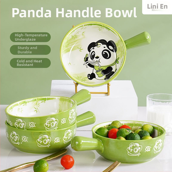 Bol ceramic cu mâner, design desen animat, drăguț pentru copii, bol pentru salată, potrivit cuptorului și friteuză cu aer