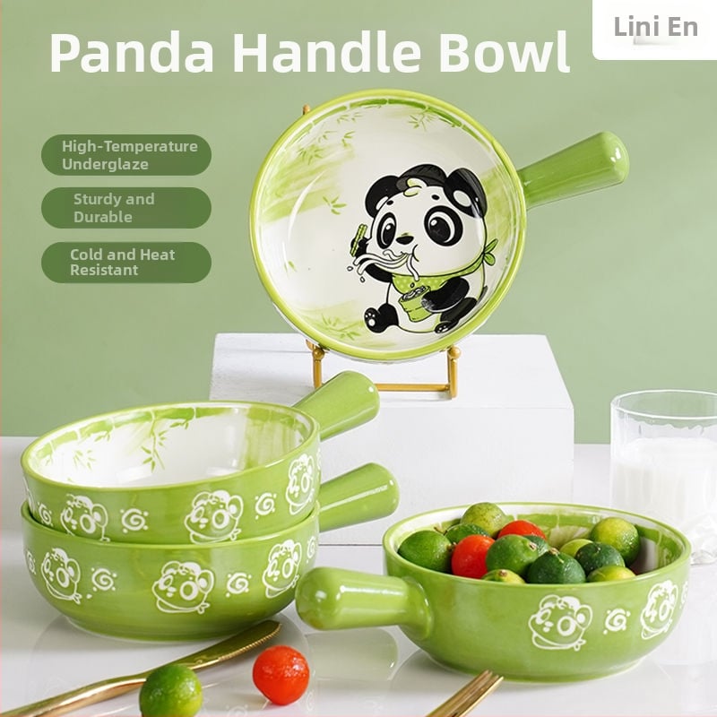 Bol ceramic cu mâner, design desen animat, drăguț pentru copii, bol pentru salată, potrivit cuptorului și friteuză cu aer