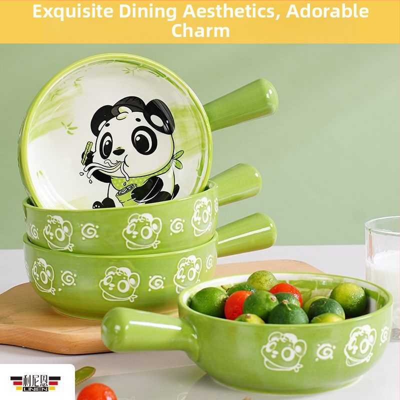 Bol ceramic cu mâner, design desen animat, drăguț pentru copii, bol pentru salată, potrivit cuptorului și friteuză cu aer
