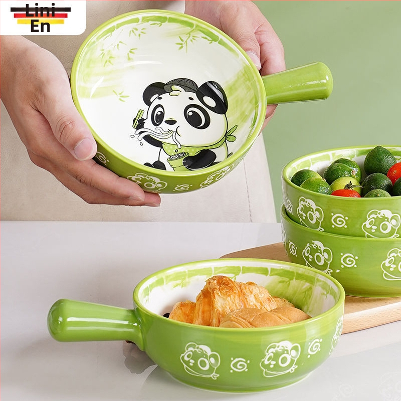 Bol ceramic cu mâner, design desen animat, drăguț pentru copii, bol pentru salată, potrivit cuptorului și friteuză cu aer