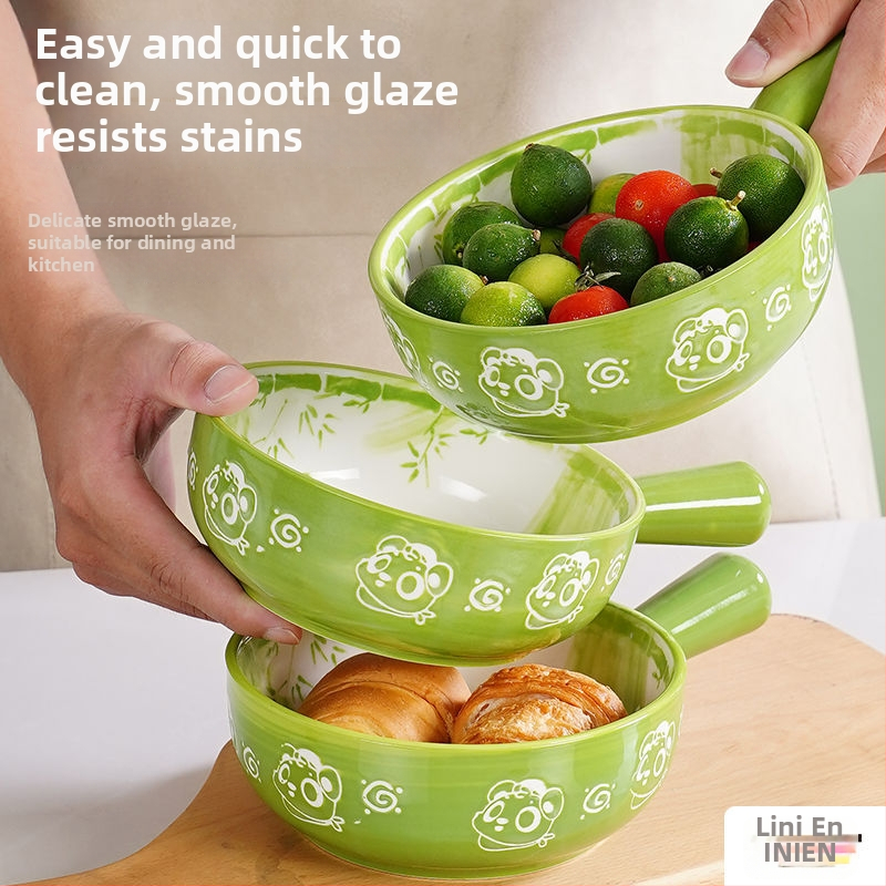 Bol ceramic cu mâner, design desen animat, drăguț pentru copii, bol pentru salată, potrivit cuptorului și friteuză cu aer