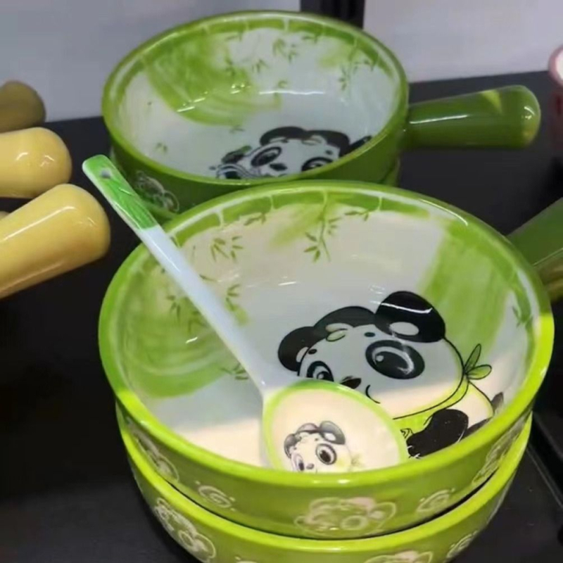 Bol ceramic cu mâner, design desen animat, drăguț pentru copii, bol pentru salată, potrivit cuptorului și friteuză cu aer
