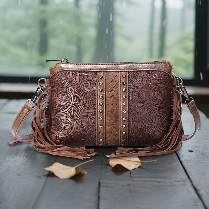 Boemska torbica s ukrasom od PU kože, mala kvadratna crossbody torba za žene