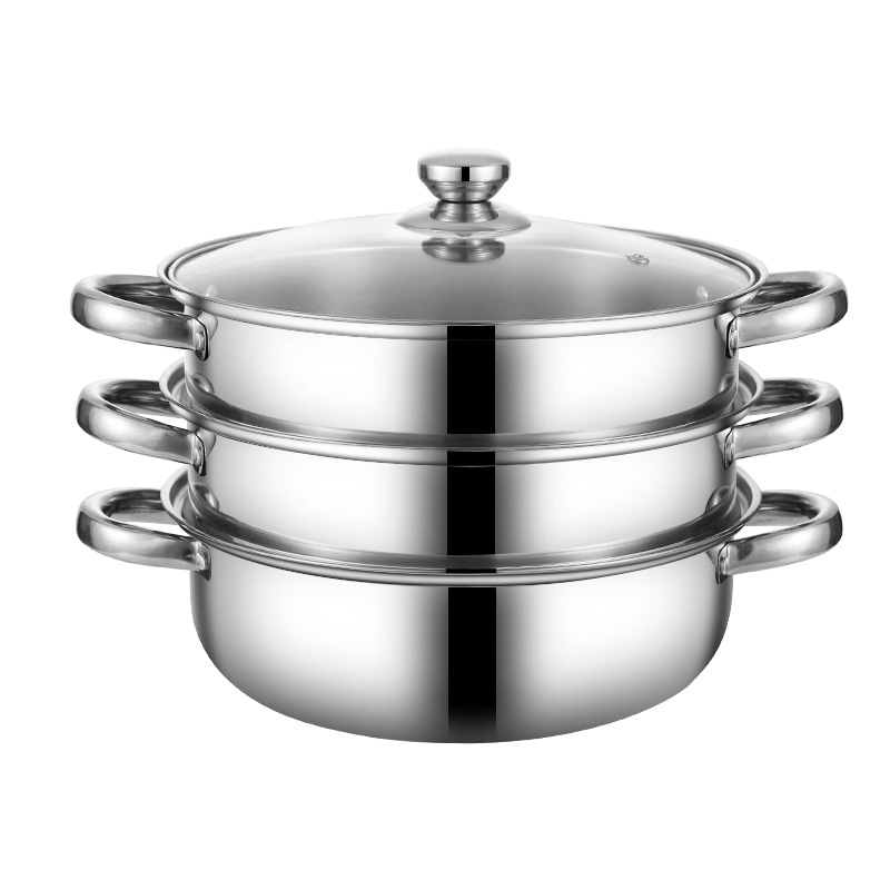 Oală de abur din oțel inoxidabil, cu două etaje, diametru 28 cm, capac din sticlă, pentru supe și gătire