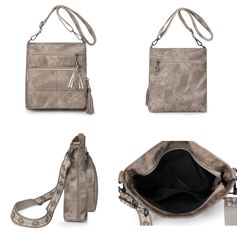 Ženska torbica za telefon s višestrukim džepovima, uspravni dizajn, crossbody naramenica, dodatak s resicama, minimalistički stil