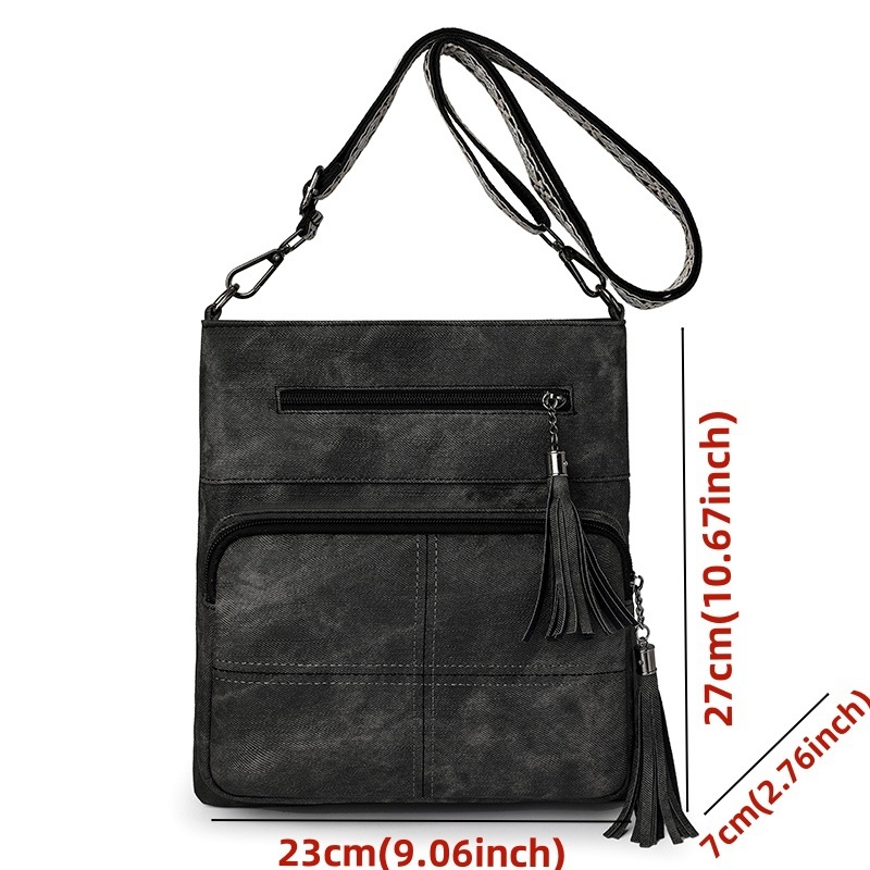 Ženska torbica za telefon s višestrukim džepovima, uspravni dizajn, crossbody naramenica, dodatak s resicama, minimalistički stil