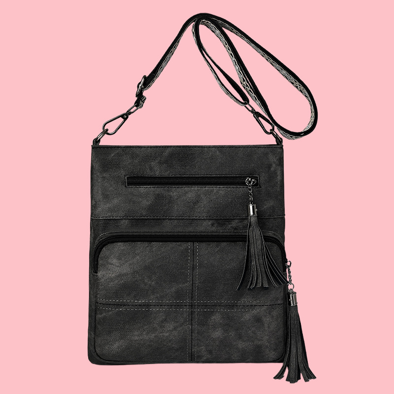 Ženska torbica za telefon s višestrukim džepovima, uspravni dizajn, crossbody naramenica, dodatak s resicama, minimalistički stil