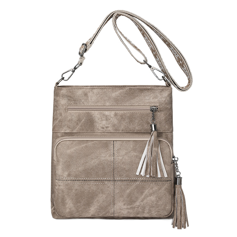 Ženska torbica za telefon s višestrukim džepovima, uspravni dizajn, crossbody naramenica, dodatak s resicama, minimalistički stil