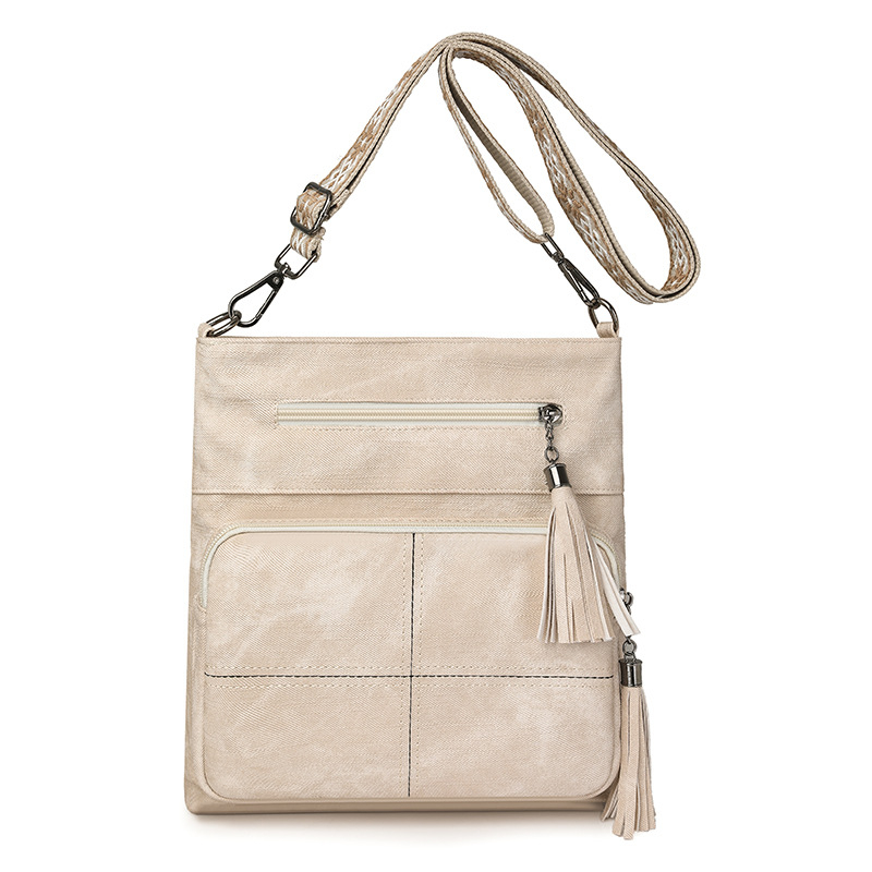 Ženska torbica za telefon s višestrukim džepovima, uspravni dizajn, crossbody naramenica, dodatak s resicama, minimalistički stil