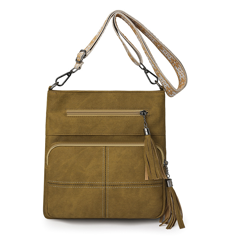 Ženska torbica za telefon s višestrukim džepovima, uspravni dizajn, crossbody naramenica, dodatak s resicama, minimalistički stil