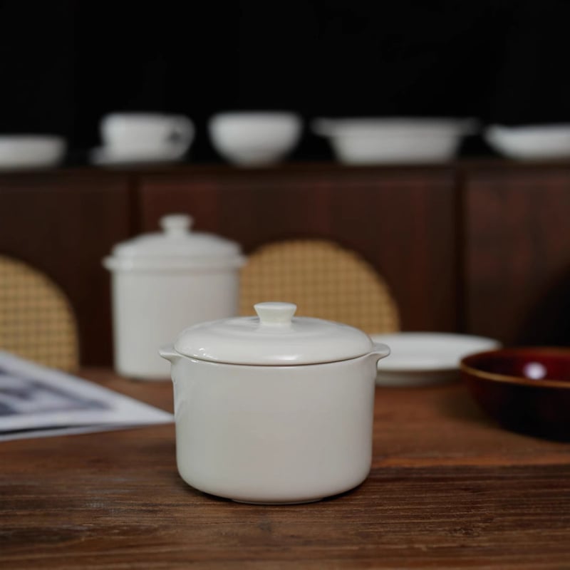 Căniță de porțelan pentru o porție cu capac — vas ceramic mini cu două mâneri pentru supă cu cuiburi de păsări, potrivit pentru uz casnic sau hotelier