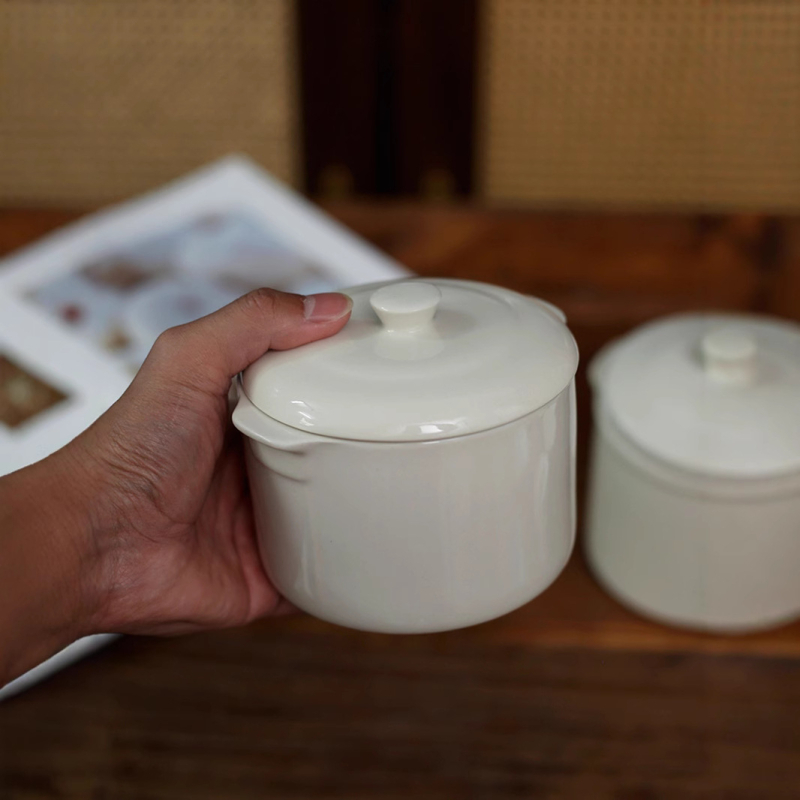 Căniță de porțelan pentru o porție cu capac — vas ceramic mini cu două mâneri pentru supă cu cuiburi de păsări, potrivit pentru uz casnic sau hotelier