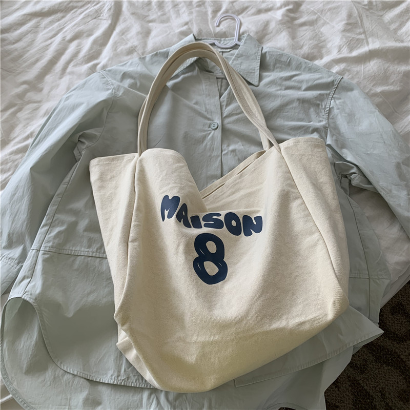 Torba od platna velike kapacitete za žene, bucket stil, debeli kaiš za ramena, svakodnevna casual torba s natpisom slova