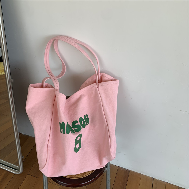 Torba od platna velike kapacitete za žene, bucket stil, debeli kaiš za ramena, svakodnevna casual torba s natpisom slova